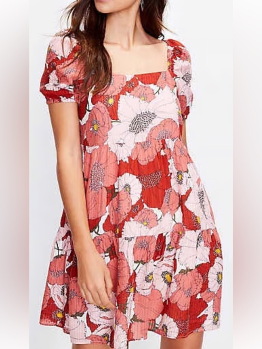 Loft Pink & Red Floral Poppy Tiered Babydoll  Square-Neck Tiered Dress Size 6